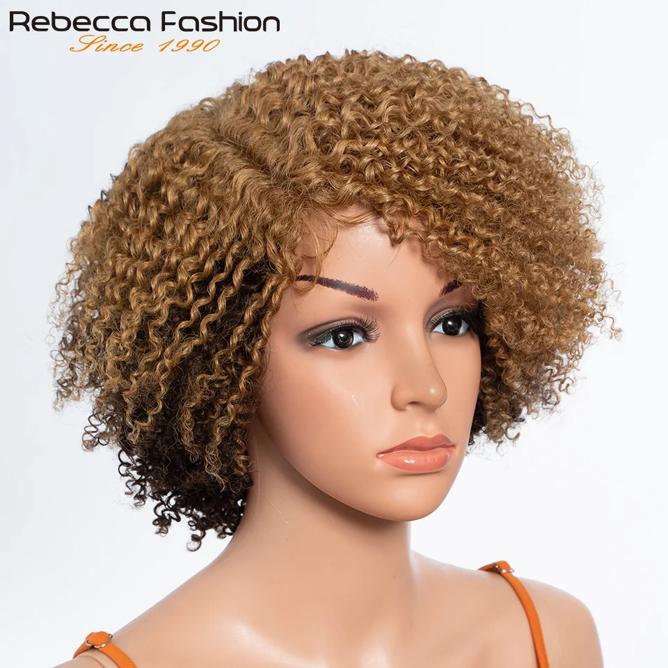 Short Bob Lace Wigs Afro Kinky Curly Deep Curly Human Hair Wig With Baby Hair Pixie Water Wave Bob Wig Ombre Honey colored 4/27