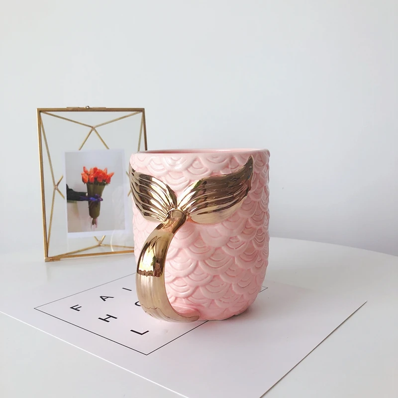Creative Ceramic  Cartoon  Gold Handle Mermaid Tail Coffee Mug Cute Water Milk Tea Cup Drinkware Craft Gift