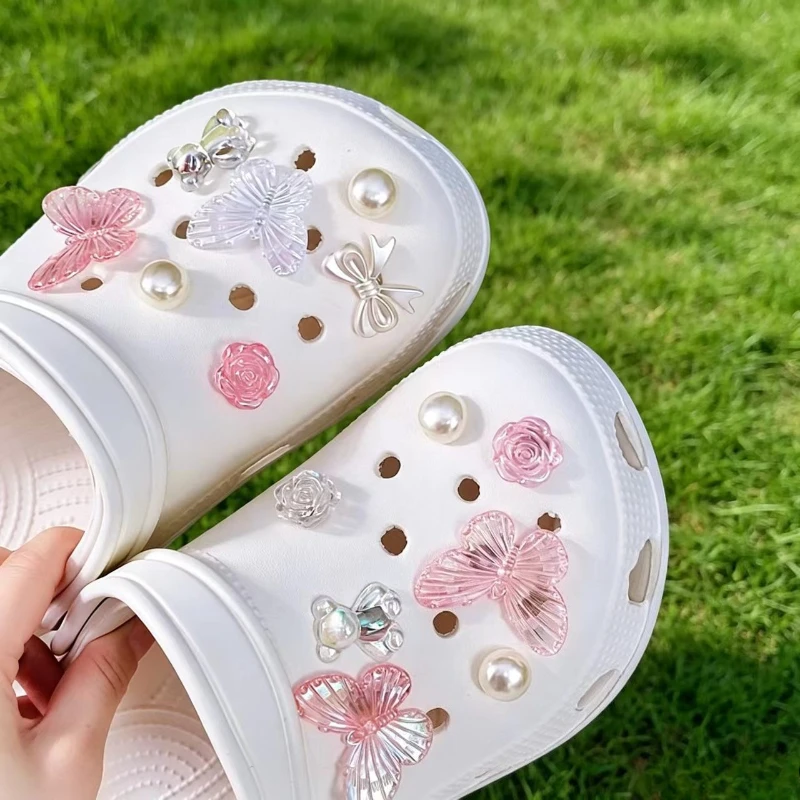 Shiny Iridescent Butterfly Rose Pearl Shoe Charms, Transparent Resin DIY Clog Ornaments for Women Summer Sandal Decor Gifts
