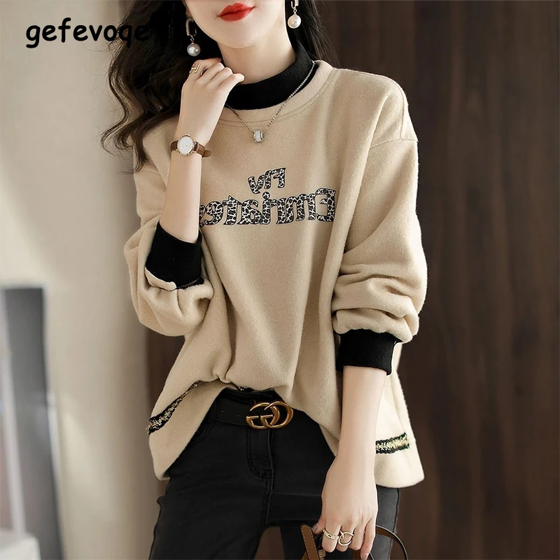 

Autumn Winter Fake Two Pieces Patchwork Thick Sweatshirt Female Loose Casual High Collar Pullovers Women Fashion All-match Top