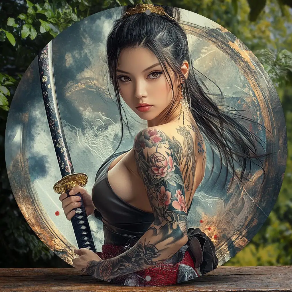 Vintage Japanese Samurai Woman Aluminum Wall Art - 20.32x20.32 cm Round Metal Sign with Detailed Samurai Warrior Design, Perfect