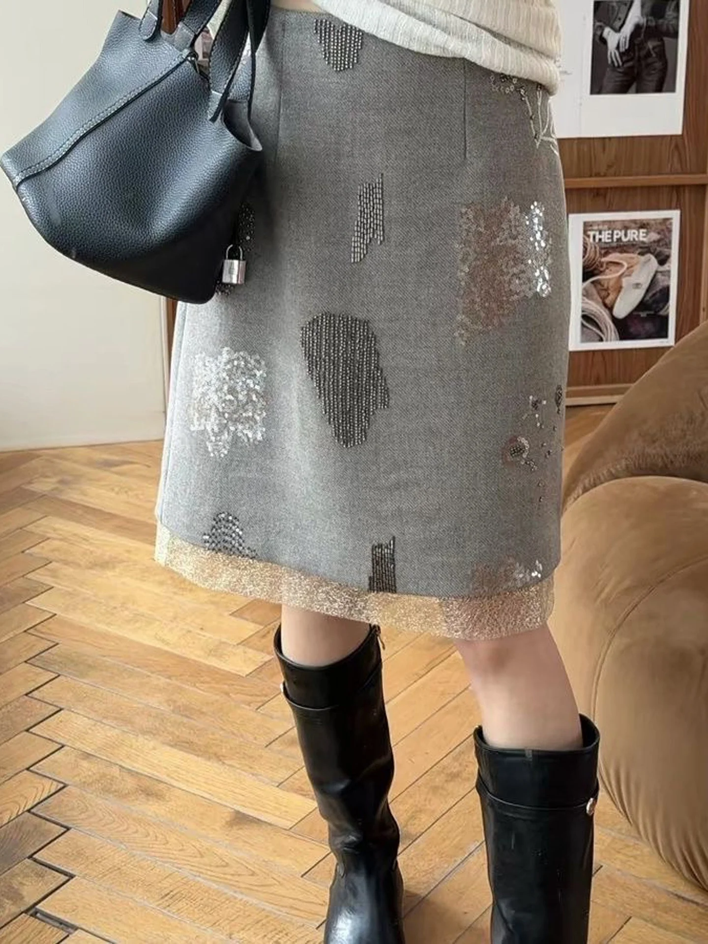 Fashionable Embroidered Bead Heavy Work Half Body Skirt Women's High Waist Slimming Versatile Spring Autumn New Style Skirt