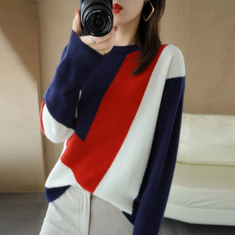 New Spring and Autumn Fashion Korean Edition Spliced Round Neck Loose Versatile Simple Slim Women\'s Long Sleeve Knitted Sweater