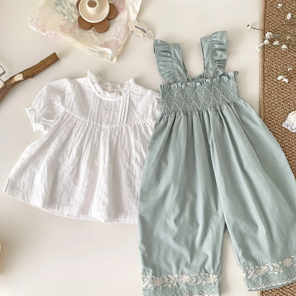 Spring Summer Kids Girls Ruffles Smocked Overalls Toddler Baby Embroidery Strap Fly Sleeve Loose Wide Leg Suspender Trousers