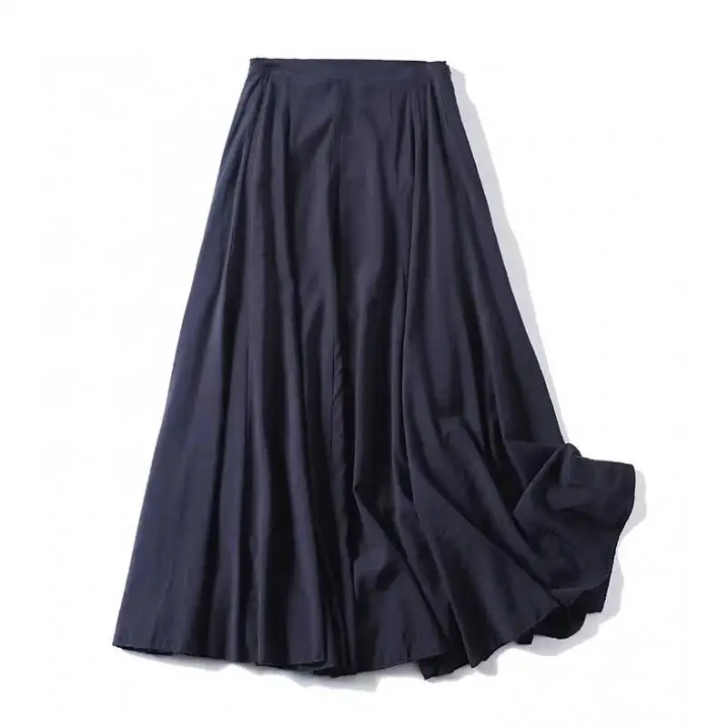 Maxdutti Southern French Elegant Navy Blue Midi Skirt Minimalist Commuting High Waist Slimming A-line Skirt Woman Clothes Skirts