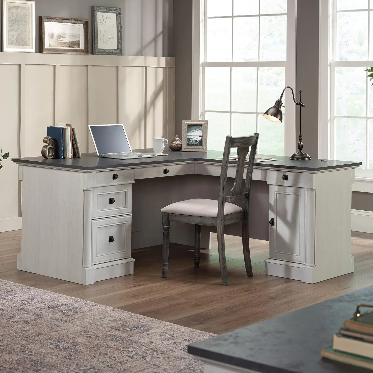 L Shaped Office Desk with File Cabinet Storage & Cable Management & Keyboard Tray in Oak Finish, Customized