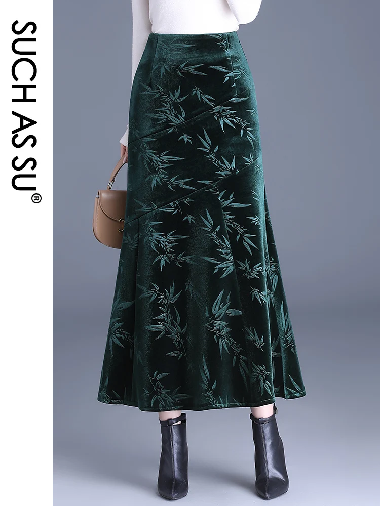 Autumn Winter Women'S Black Green Flannel Skirts High Waist Ladies Mermaid S-3XL Size Mid-Long Sexy Ruffle Skirt Female 1713