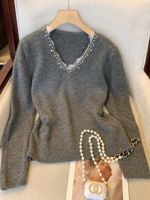 ey الدانتيل الربط فضفاض محبوك V-Ne المرأة الخريف الشتاء الثقيلة مزين الماس قاعدة سترة مريحة تريكو #1