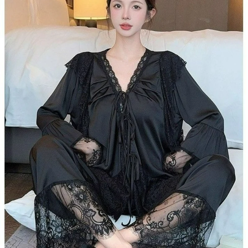 

2026, весенне-осенний модный свободный пижамный комплект большого размера для женщин, новые элегантные кружевные длинные брюки с длинными рукавами, домашняя одежда