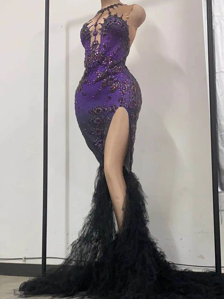 Sexy Purple Black Gradient High Neck Mermaid Fabric Dress with Long Slit Drag Queen Gogo Dance Singer Formal Dress Costumes