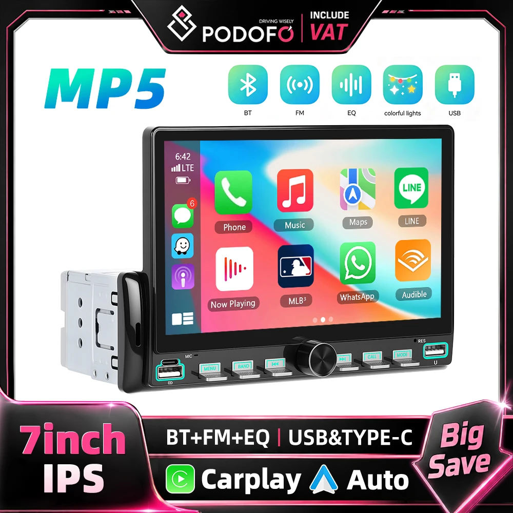 Podofo 7 Zoll 1 Din Autoradio MP5 Multimedia-Player Kabelloses Carplay Android Auto Mirror Link Klaviertasten Videoausgang Gleicher Bildschirm Universeller Auto-MP5-Player HD 1024*600 Touchscreen BT