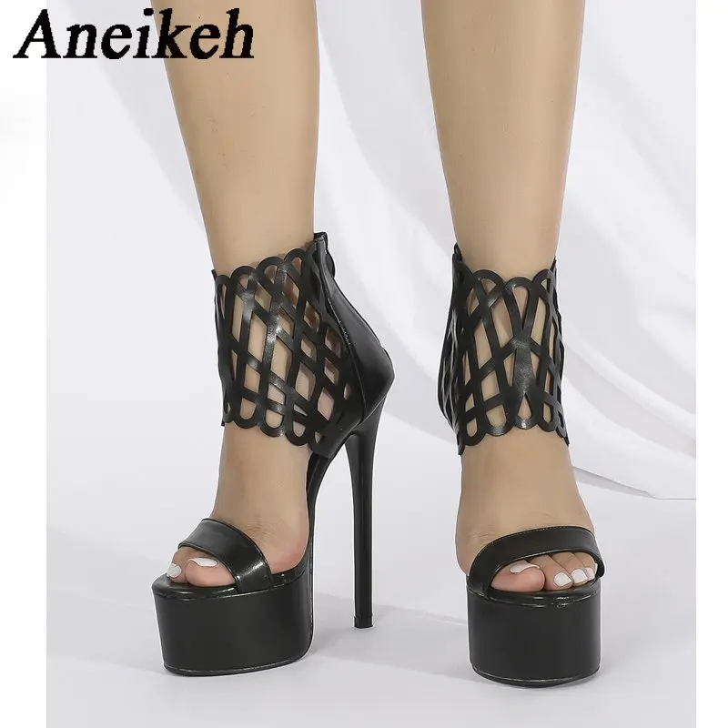 

Aneikeh Sexy Strip Pole Dance Super High Heels Women's PU Open Toe Ankle Hollow Out Zipper Rome Zapatos Mujer 2024 35-42