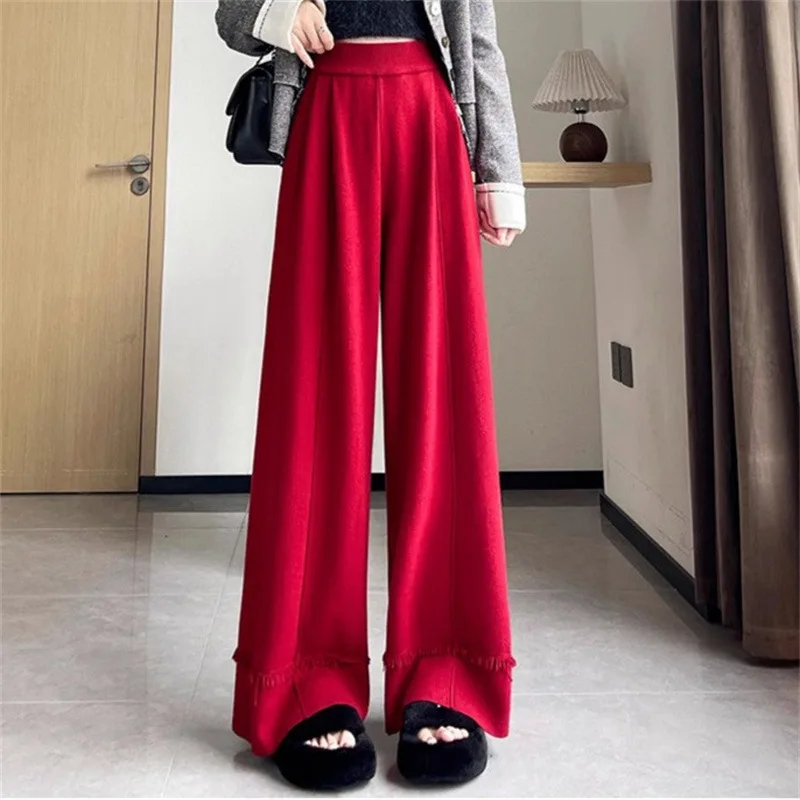 Women High Waist Knit Wide Leg Pants Fringe Hem Straight Trousers Elastic Waist Soft Warm Casual Fall Winter Ladies Long Pants