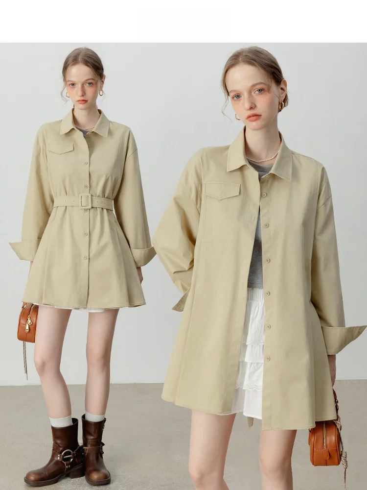 

Двусторонняя одежда цвета хаки irt Dr с поясом Long Sve ort Юбка Универсальный осенний сезон Ele Sle от EGGKA