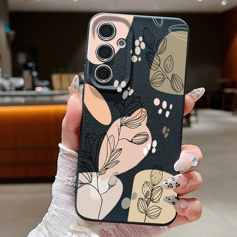 Line Flower Case For Samsung Galaxy A55 A35 A25 A15 S24 S23 S22 Ultra S21 S20 FE A16 A52 A53 A14 A34 A54 5G Capa Leather Texture