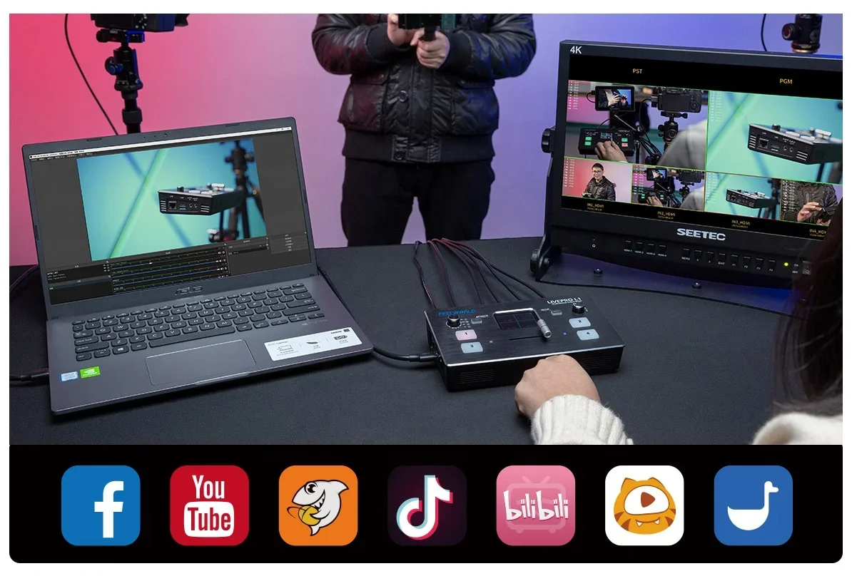 Switcher video per streaming live con mixer HDMI multiformato per studi virtuali