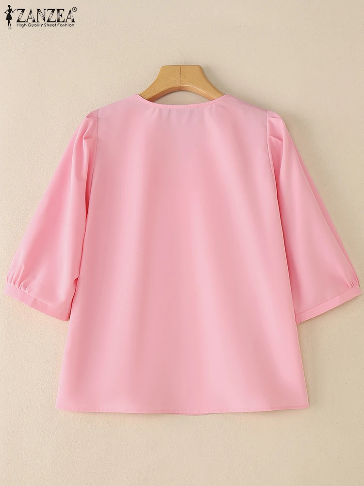 ZANZEA สตรีแฟชั่นแนวทแยงด้านหน้าเสื้อ Elegant ครึ่งพัฟแขนห่อ V คอ Cinch เอว Chemise เดินทาง Tops Streetwear