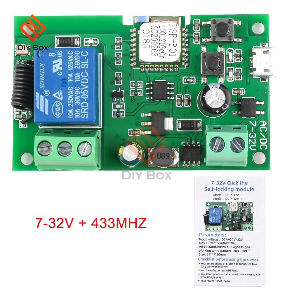 E-Welink Smart WiFi Motor Switch Module, 1 Canais Inching Relé, Rádio Controle Remoto, DC 7-32V, RF 433