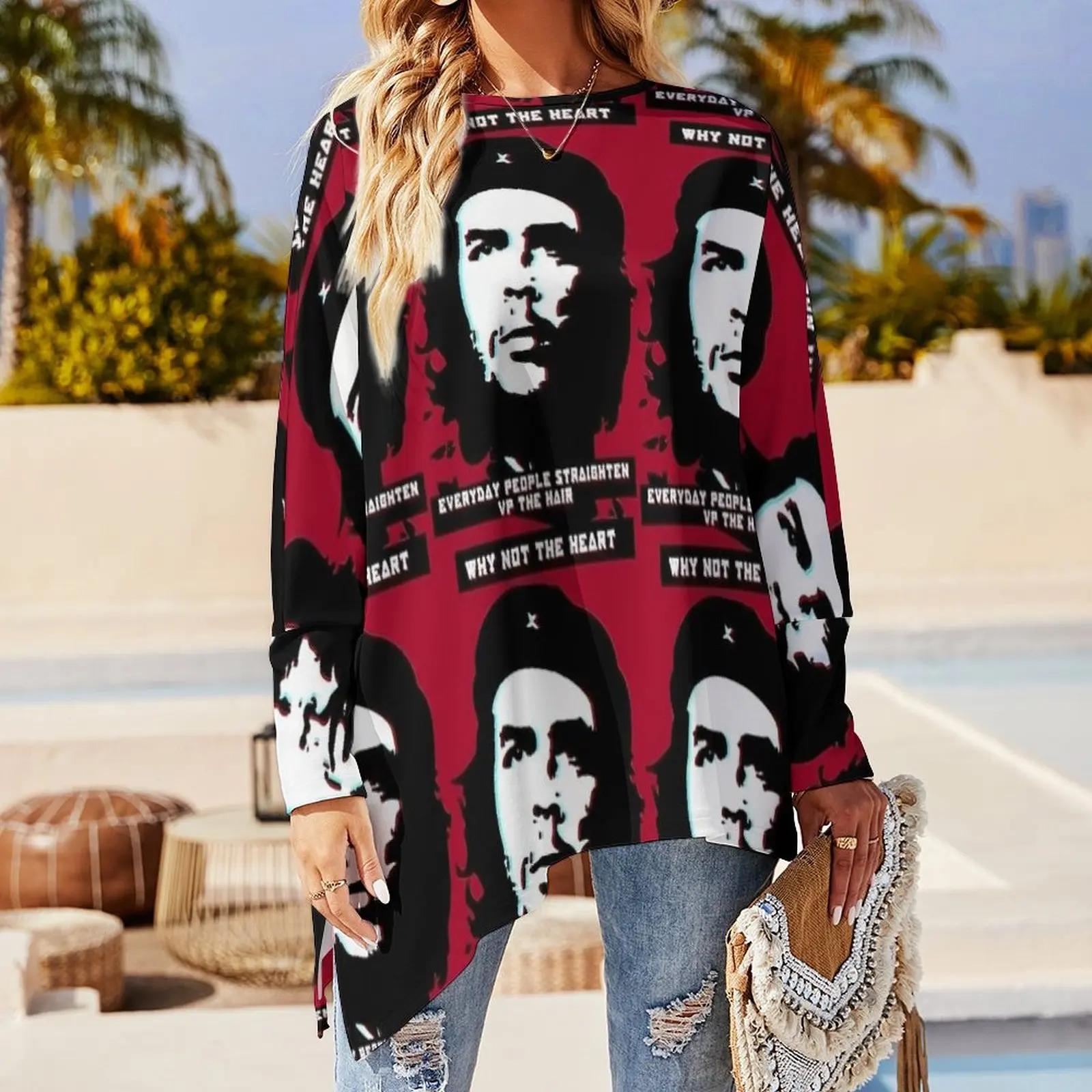 CCCT Che Guevara Glitch Art Quote Red T-Shirt  Casual Loose Long Sleeve T-Shirts Graphic Retro Tee Shirt Women Spring Clothing