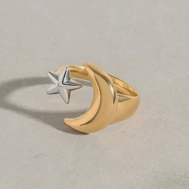 31BF Elegant Stainless Steel Moon And Star Ring Symbolizing Romance Perfect For Expressing Love Or