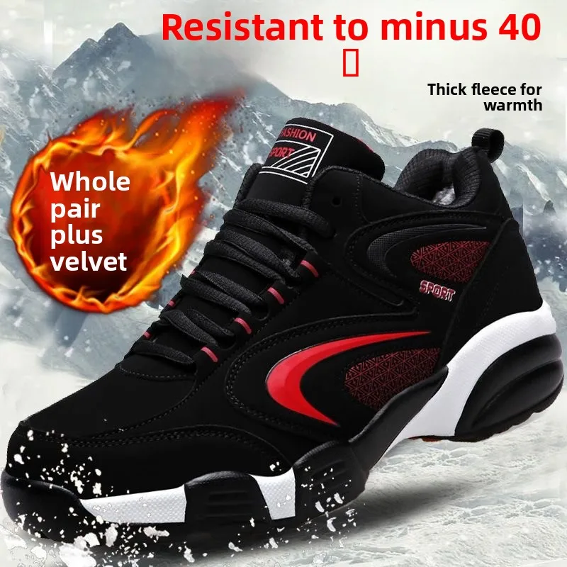 暖かいフリース裏地付きカジュアルスポーツシューズ-メンズ-滑り止め腱底トラベルシューズ-秋冬メンズシューズ-ラウンドトゥ-厚底