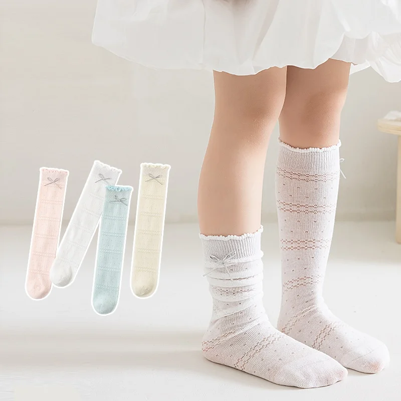 Kids Girls Thin Mesh Socks Summer Solid Ruffle Children's Hollow Breathable Mid Tube Sock Sweet Bow Princess Straight Stockings