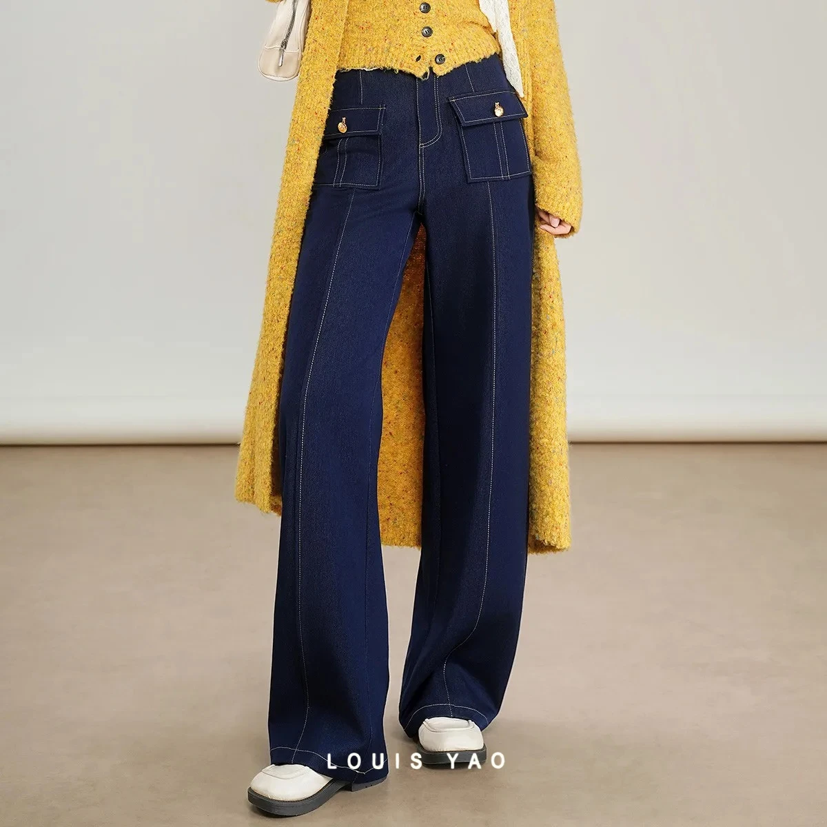 

LOUIS YAO Denim Design Woven Long Women's Casual Pants 2026 Autumn Elegant Office Style Non Elastic Straight Leg Pants