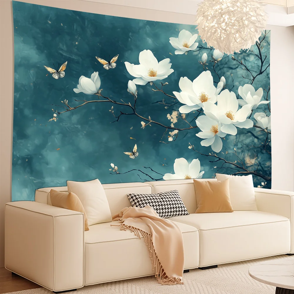 White Magnolia Flower Tapestry, Butterflies on Teal Background, Elegant Floral Wall Hanging for Bedroom Living Room