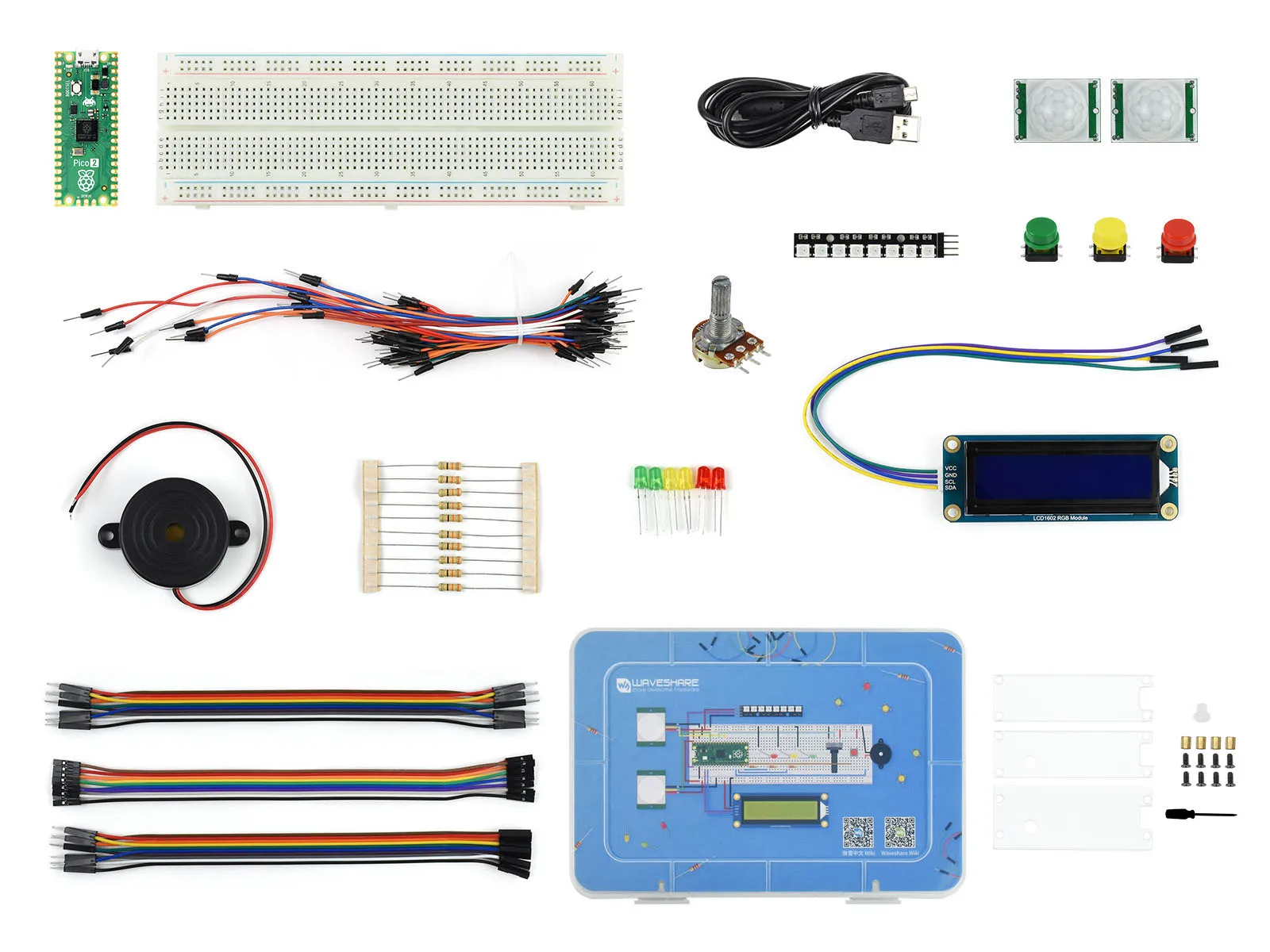 Zestaw Raspberry-Pi-Pico-2-Basic, z zestawem startowym Raspberry Pi Pico 2/modułem RGB LCD1602/czujnikiem PIR/alarm/LED/przewodem łączącym itp.