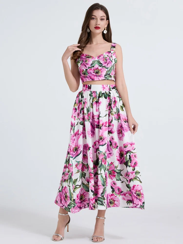 

European Style Fashion Printed Three-Dimensional Chest Cushion Vest Top Two-Piece Set +High Waisted Big Swing Long Skirt Outfits