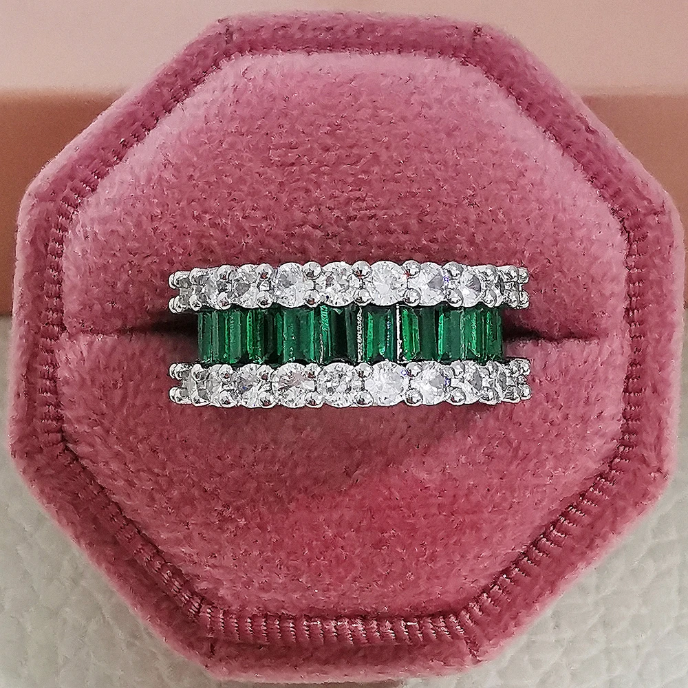 Różowy zielone srebrne kolor bagietka Cut Eternity Band pierścień dla kobiet biżuteria ślubna prezent na walentynki R457