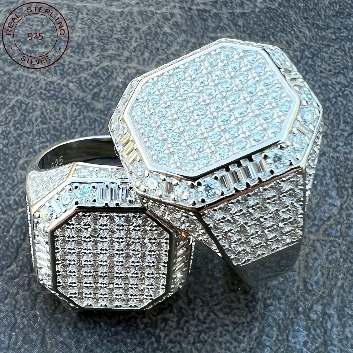 2025 جديد عصري للرجال مثلج خارج الزركون المثمن الهيب هوب العنقودية الخنصر الصلبة 925 فضة خاتم الزواج الفرقة