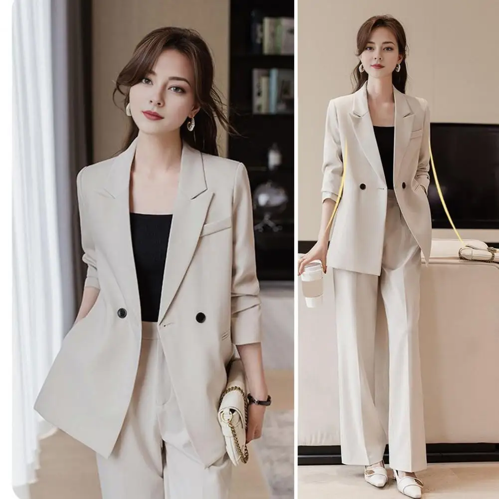 Lady Commuter Suit Elegant Women\'s Formal Suit Set with Turn-down Collar Jacket Pure Color Trousers Stylish for Commuting