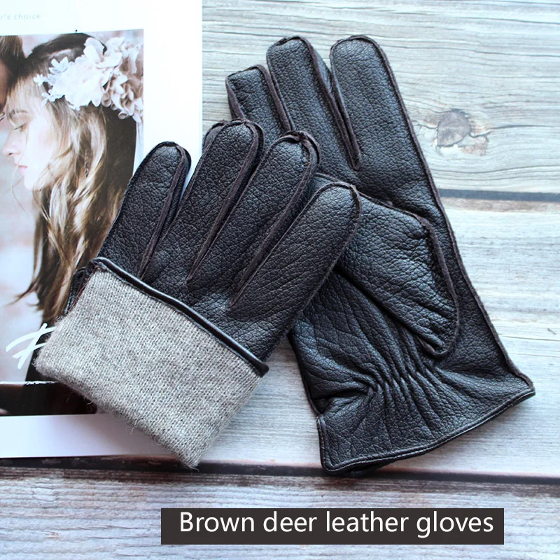 Leather Deerskin Gloves Men\'s Fashion Outer Seam Motorcycle Cycling Autumn and Winter Velvet Lining Warm Wool Lining Driver