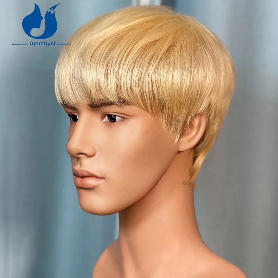 جمشت شقراء 613 مستقيم قصير عابث قطع شعر مستعار مع الانفجارات حلق الجانبين والسوالف شعر مستعار دانتيل كامل للرجال ريمي الشعر البرازيلي