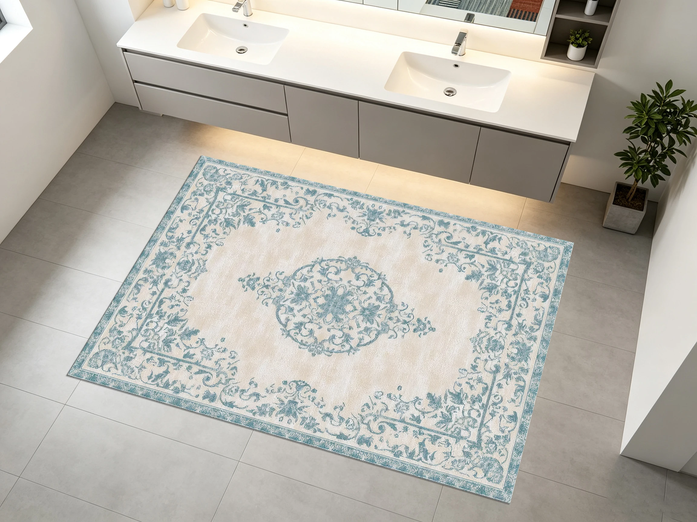 2D Velvet Rug, Blue-Grey, European Retro Floral Design, Soft & Comfortable, for Living Room & Bedroom