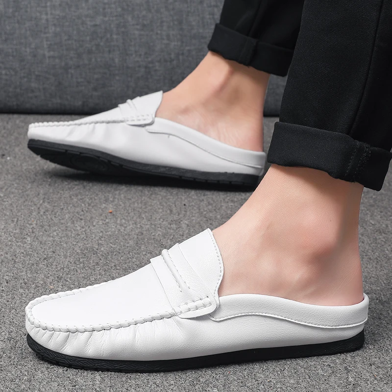 Summer Men's Half Slippers Leather Slip On Shoes Lightweight Male Flats Casual Mules Moccasins Breathable Open-back Loafers 2026