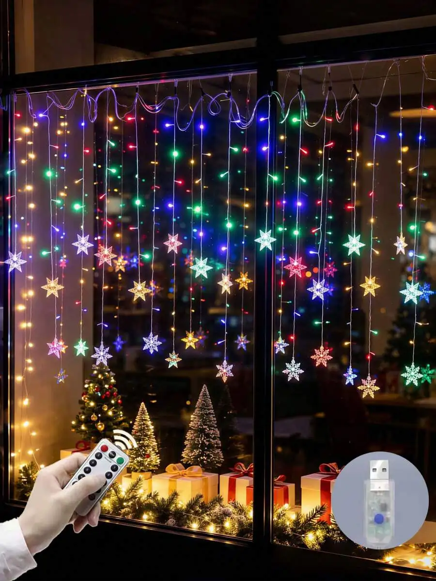 A 96-LED Snowflake Curtain Light, USB Powered, With 8 Lighting Modes, Warm White And Multicolor, Perfect For Christmas/Outdoor G