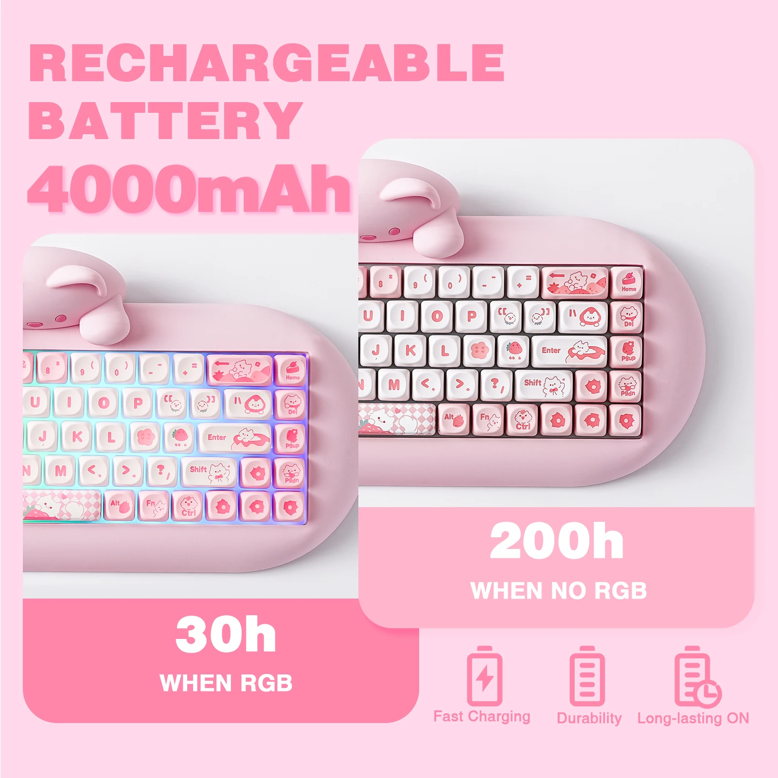 YUNZII-Cute Cat Silicone Teclado Mecânico para Jogos, NKRO Rosa, Teclado Ergonômico Sem Fio, Bluetooth 5.0, 2.4G, RGB, 65% Hi-Fi, C68