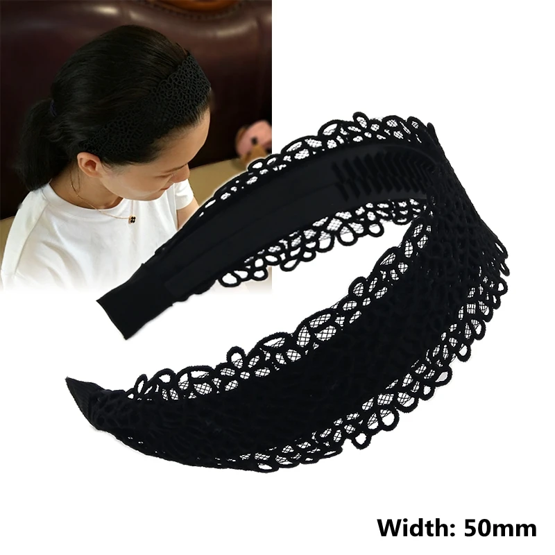 New Black Wide-brimmed Headband Women Solid Color Lace Hairband knitting Hair Hoop Girls Retro makeup Hair Accessories