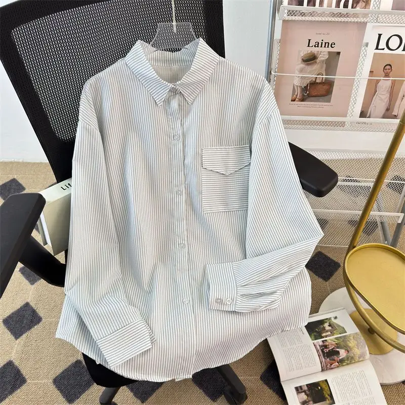 Chemisier coréen à manches longues pour femmes, rayé, assorti avec tout, col ample, Style paresseux, hauts à la mode, vêtements décontractés pour femmes, nouvelle collection printemps automne