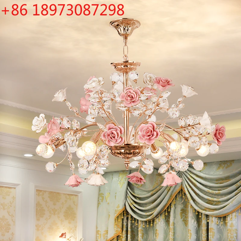 

European Ceiling Light Guest Dining Room Bedroom Modern Flower French Ceramic Luxury Crystal Pendant Light
