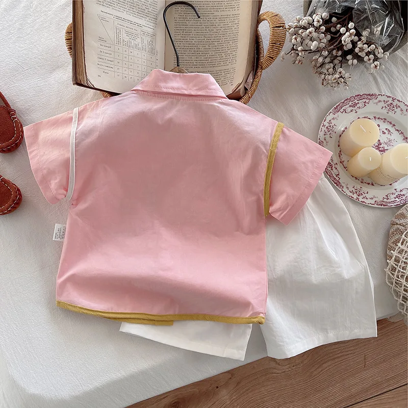Toddler Boys Summer Outfits Korean Style Baby Boy Pink Contrast Pocket Shirt and White Shorts 2 Piece Set Kids Casual Clothes