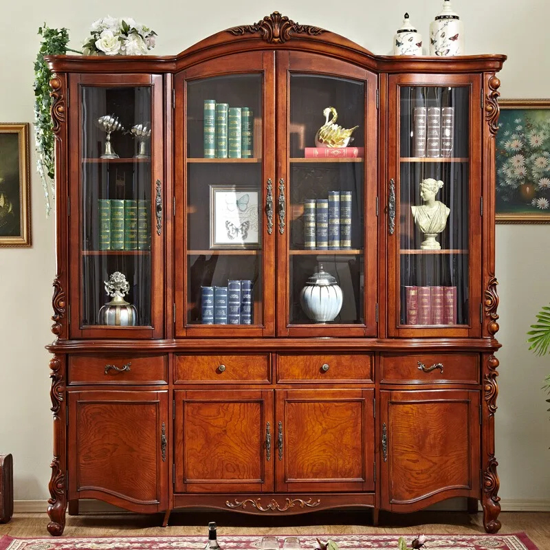 

American solid wood bookcase 4 doors glass cabinet European retro large bookcase study luxury bookcase locker large capacity