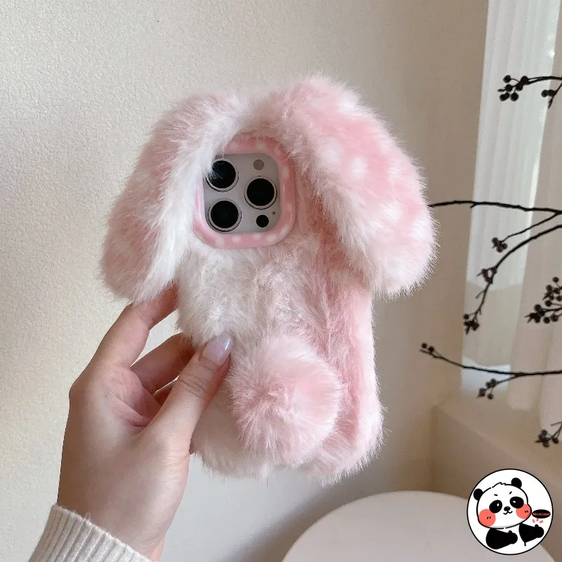 

Lovely Deer Pattern Plush Rabbit Phone Case For iPhone 17 Pro Max 16 Pro Max 15 14 Plus 13 Pro Max Pink Plush Soft Rabbit Cover