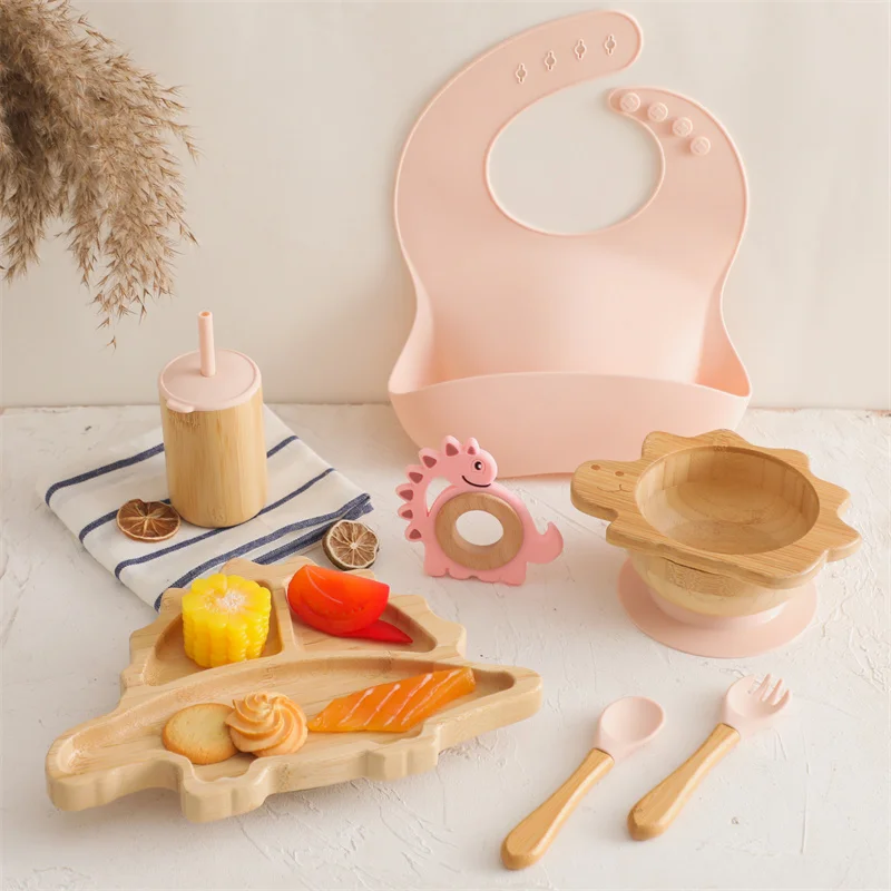 Baby Wooden Tableware Feeding Set Bamboo Dinosaur Plate Bowl Silicone Wooden Handle Frok Spoon Baby Dinnerware Feeding Supplies