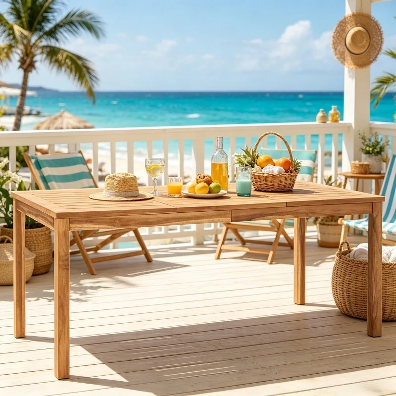 Mesa de Jardín de 180x90x77 cm en Madera de Teca Maciza con Acabado de Madera Preciosa, Diseño Atemporal para Terraza, Balcón y Área de Descanso en el Jardín