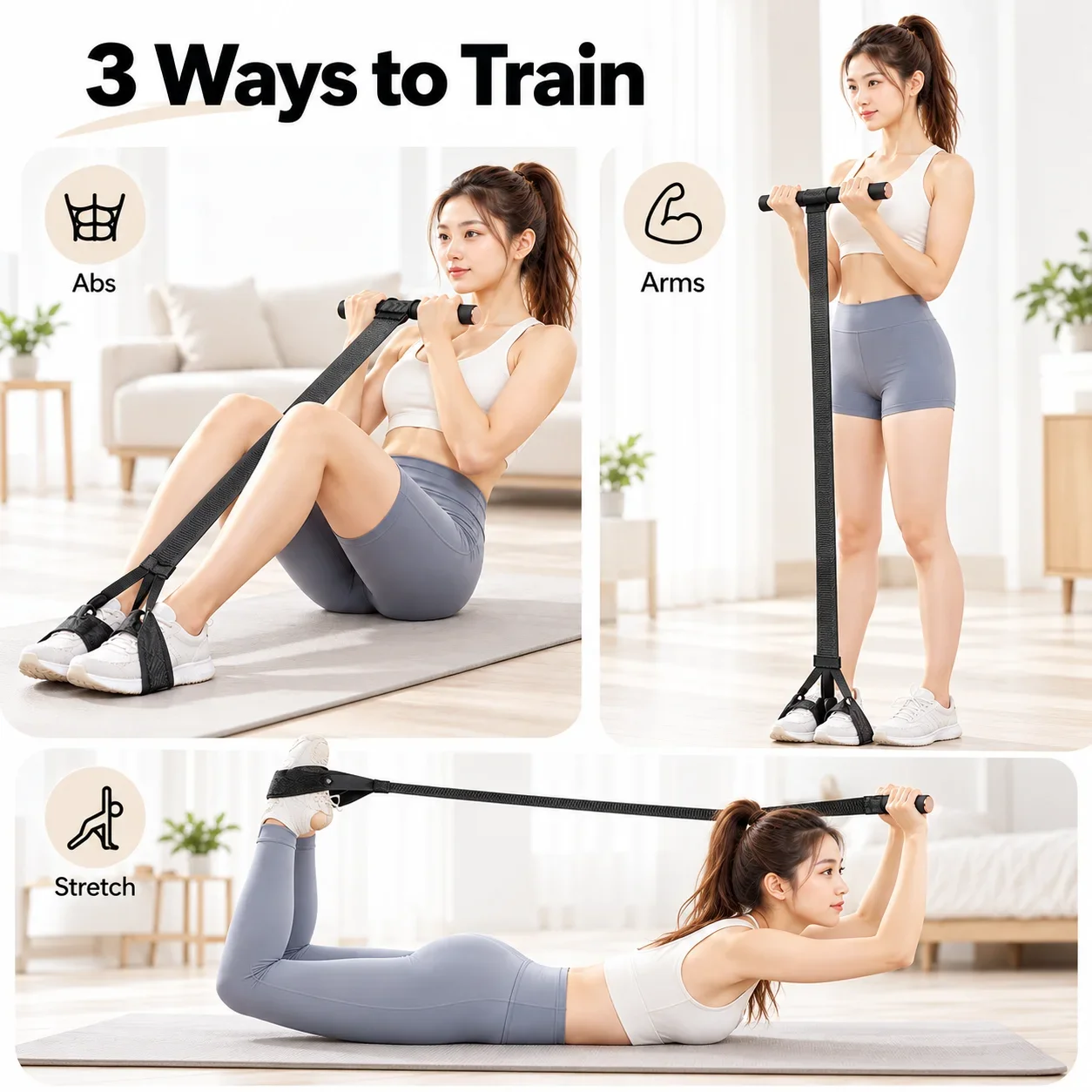 Home Ab Trainer with Foot Loops, Portable Sit Up Pull Rope, Abdominal Resistance Band for Core Arm Leg Workout