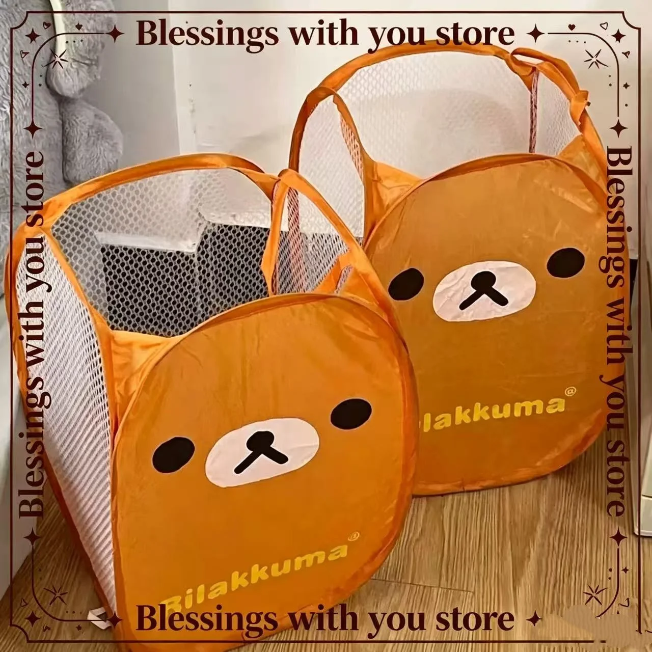 Cute Rilakkuma Laundry Hamper Foldable Mesh Portable Large Capacity Cartoon Pop Up Storage Basket For Home Dormitory Daily Use