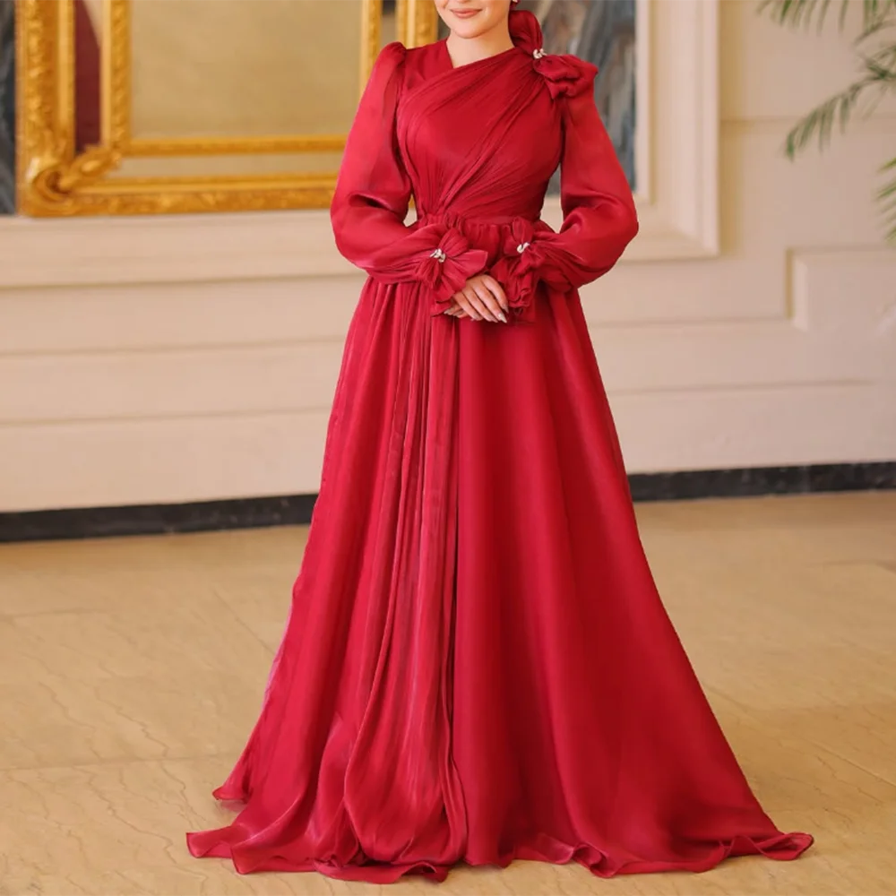 

Customized V-neck Evening Dresses Full Sleeve Beading Sweep Train organza Bow Long Prom Gown Simple Muslim Dress For Women